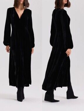 RAQUEL DINIZ Black Velvet Ioanna Long Sleeve Tie Back Maxi Dress